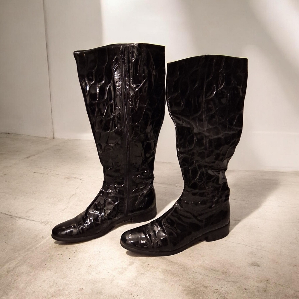 Ecco Black Patent Leather Crocodile Pattern Boots Women Size 8.5